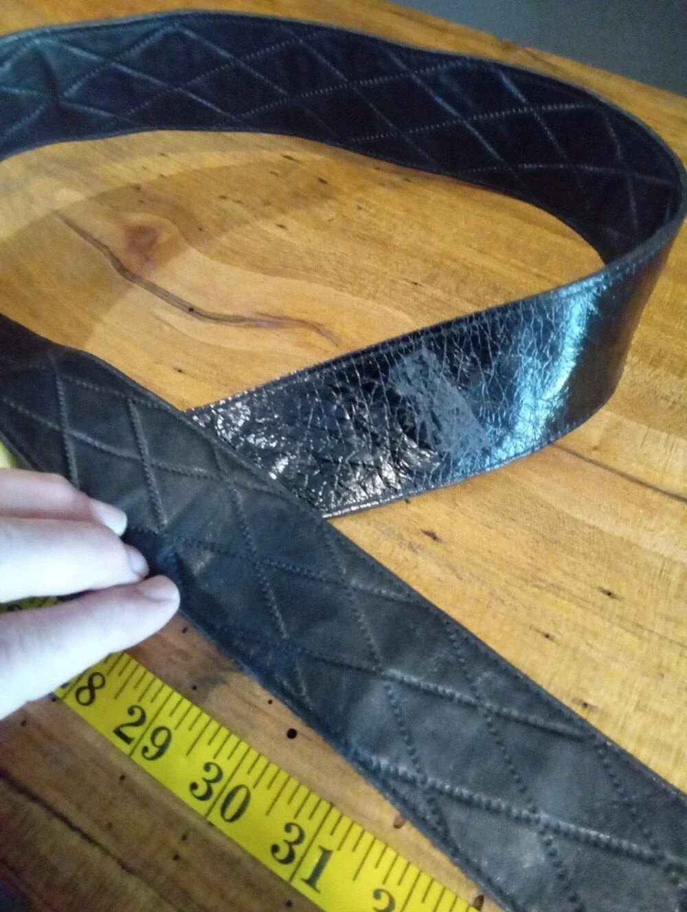 Vintage Black Soft Quilted Wide Band Leather Belt with Gold Ring Buckle